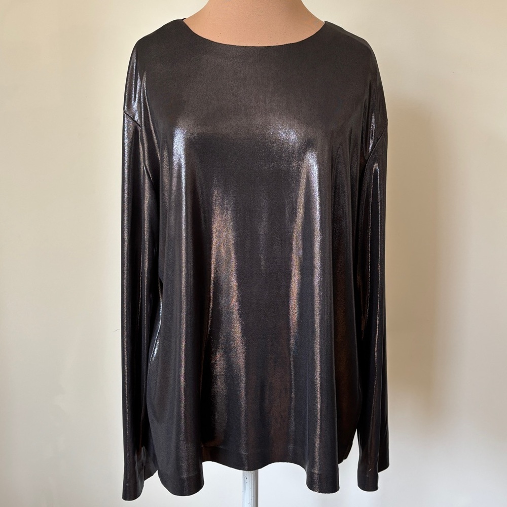 Norma Kamali Metallic Black Shiny Boyfriend Long Sleeve Crew Neck Top EUC Sz XS